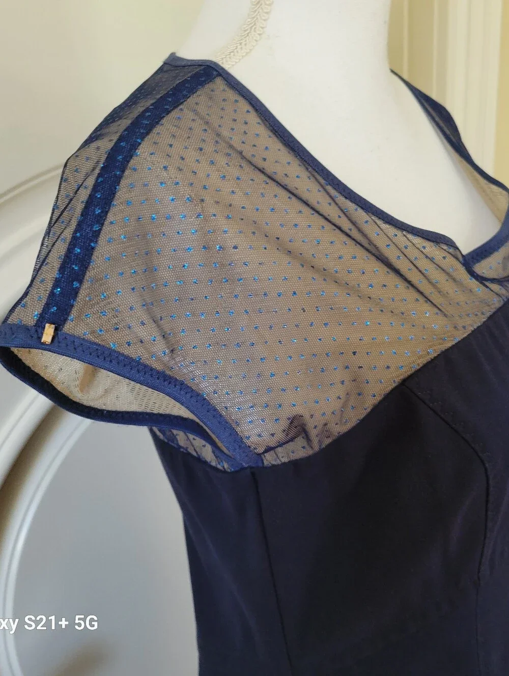 Sportmax Navy Mini Dress with Sheer Dotted Yoke - Picture 4 of 6
